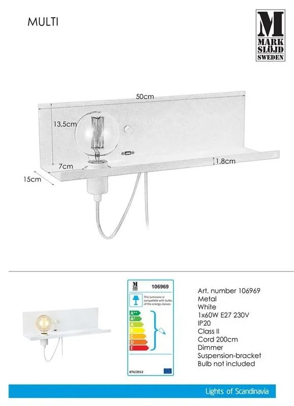 Lampada da parete bianca con stazione di ricarica USB Multi - Markslöjd
