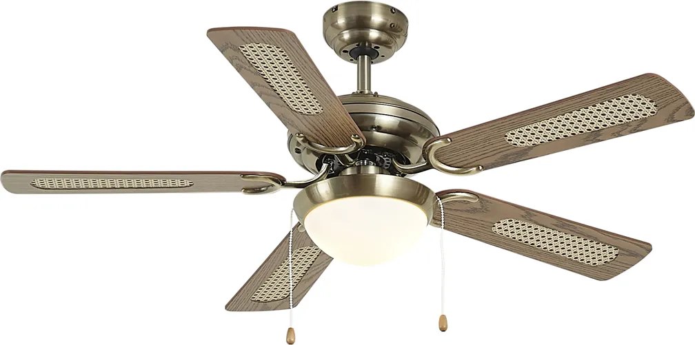 Ventilatore da soffitto ottone con stampa legno e rattan 105 cm con interruttore a tirante - Mistral Majas