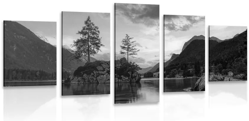 Quadri 5 pezzi – Paesaggio montano in bianco e nero al lago