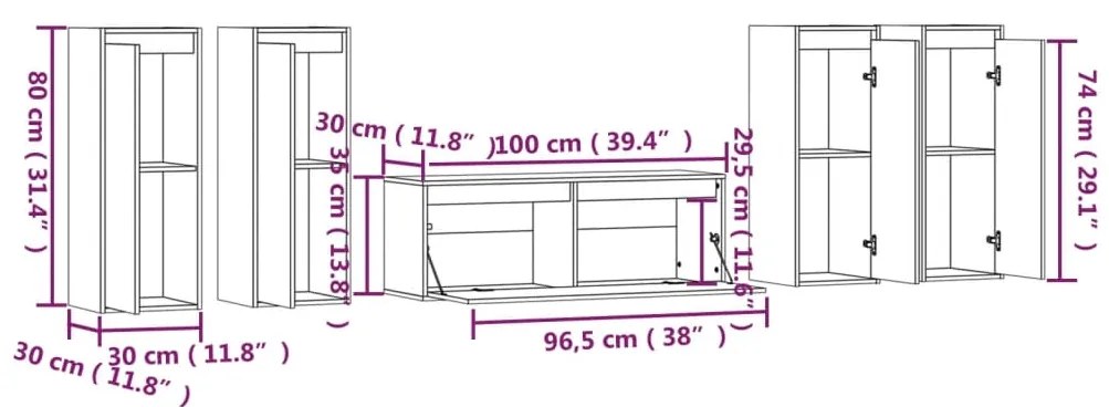 Mobili Porta TV 5 pz Neri in Legno Massello di Pino