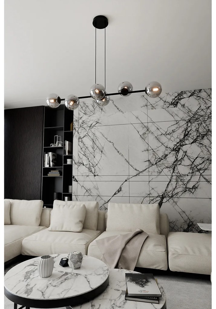 Lampadario Contemporaneo 6 Luci Durga In Acciaio Nero E Sfere In Vetro Fumè