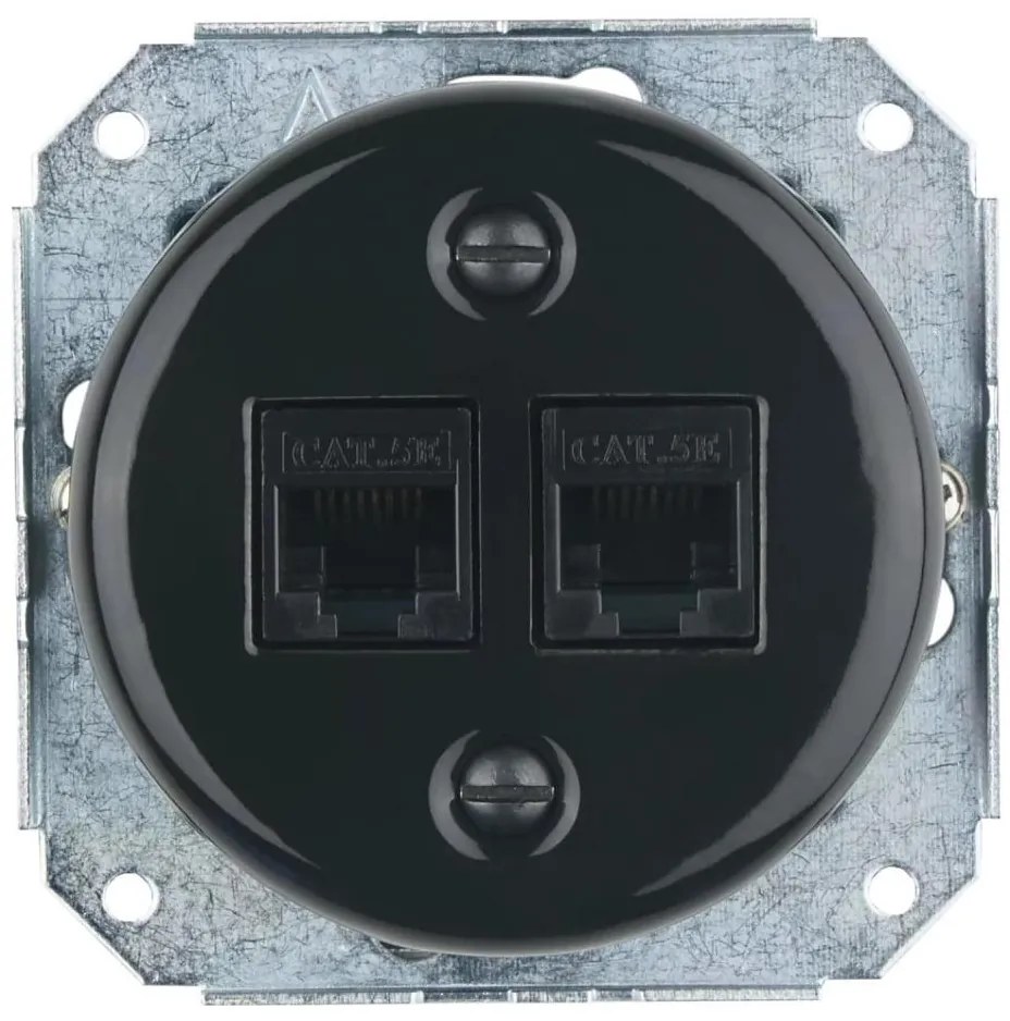 Bohemia-Design - Presa Ethernet in porcellana stile retrò, senza cornice, 2x CAT.5E, nera
