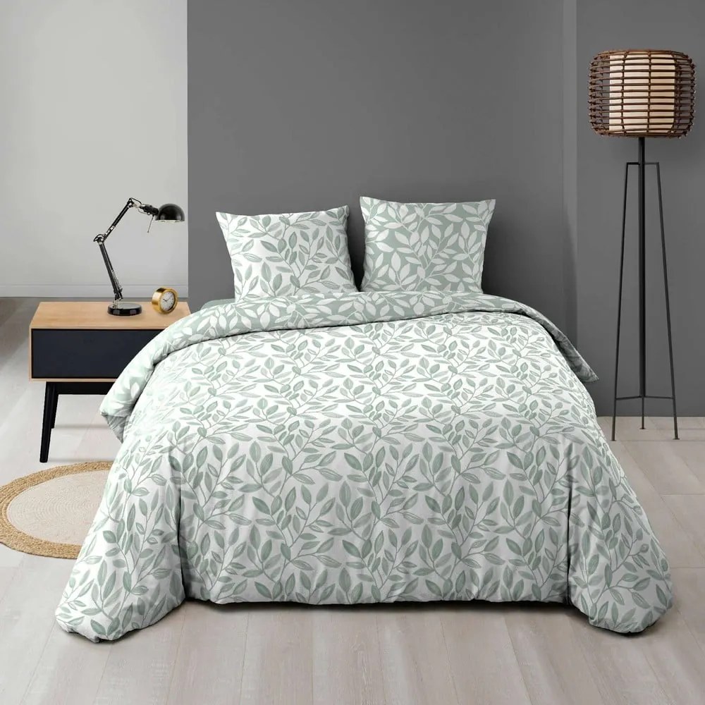 Set copripiumino e federa bianco/verde in microfibra per letto matrimoniale ed esteso 240x220 cm Sequoia – douceur d'intérieur