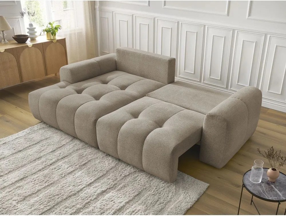 Divano angolare beige allungabile/con contenitore (con penisola a sinistra/con chaise lounge) con rivestimento in ciniglia Roxelane – Bobochic Paris