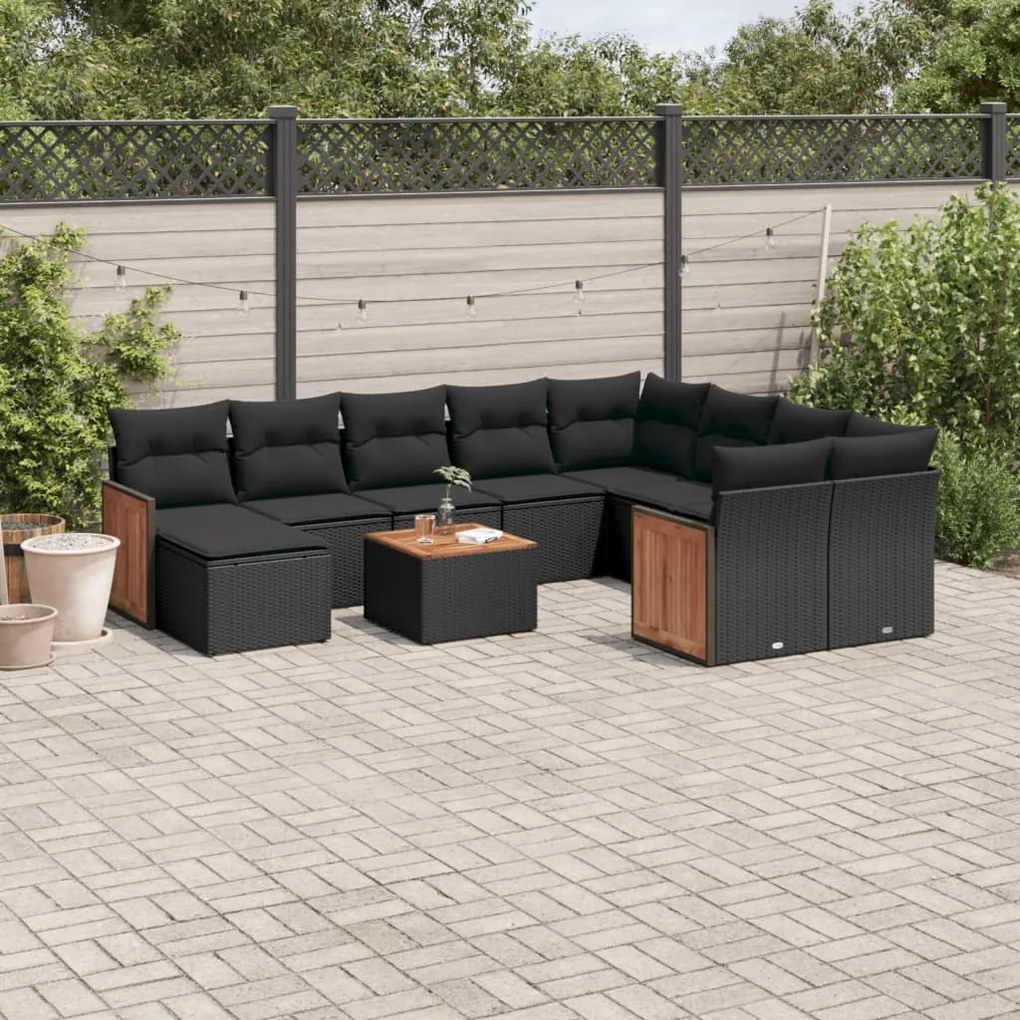 Set Divani da Giardino 11 pz con Cuscini in Polyrattan Nero