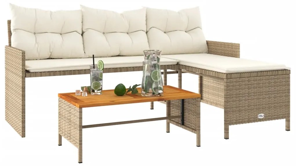 Divano da giardino con tavolo e cuscini a l beige in polyrattan