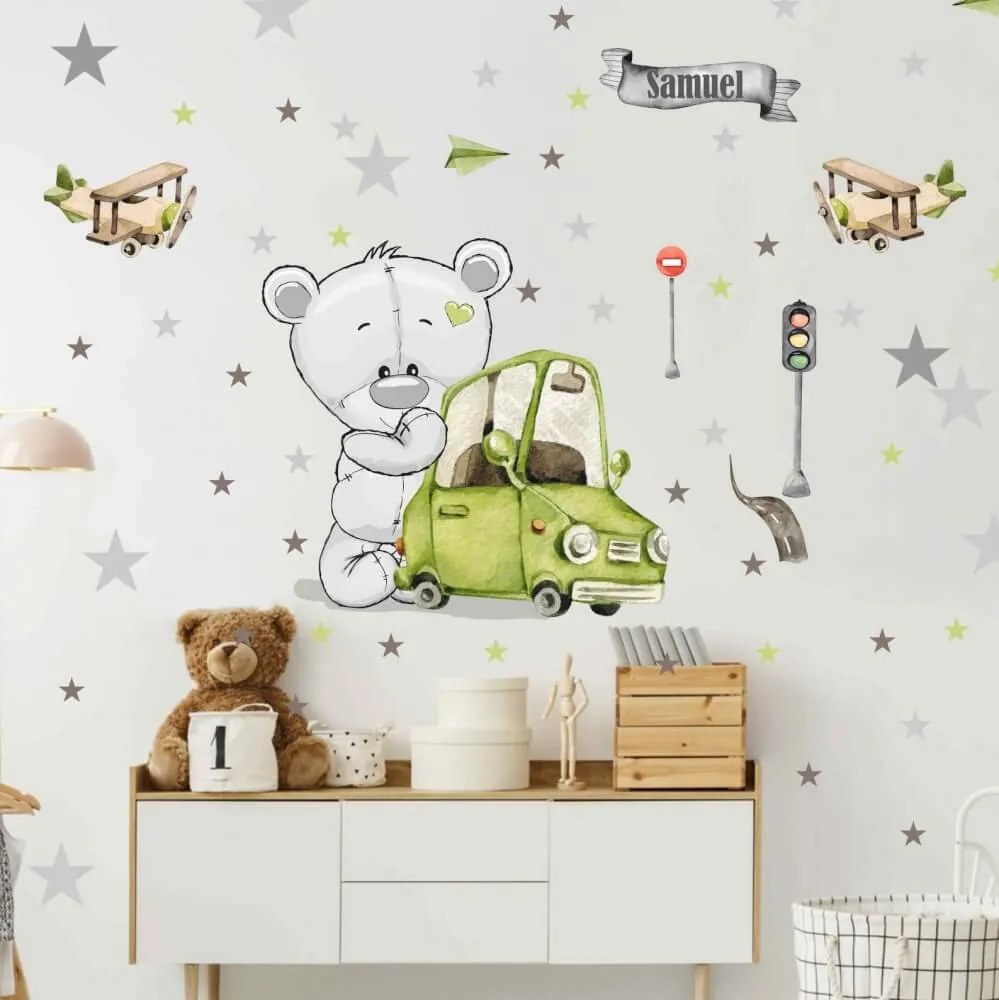 Adesivi murali per ragazzi - Orso con auto retrò | Inspio
