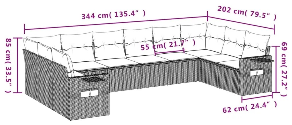 Set Divani da Giardino 10pz con Cuscini in Polyrattan Nero