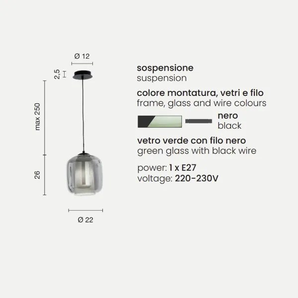 Lampada sospensione D22 cm - vetro soffiato Verde BONNIE MOD2