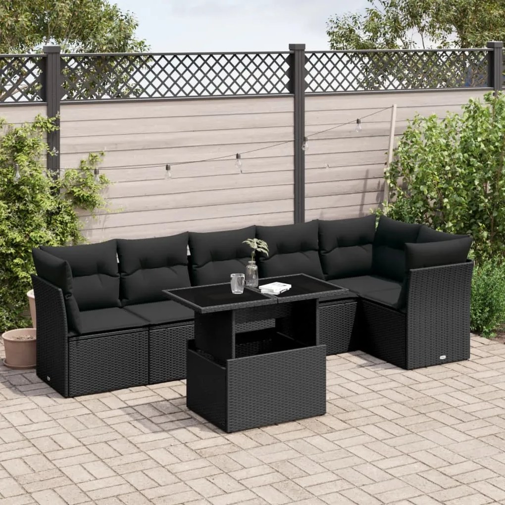 Set divani da giardino con cuscini 7pz nero polyrattan