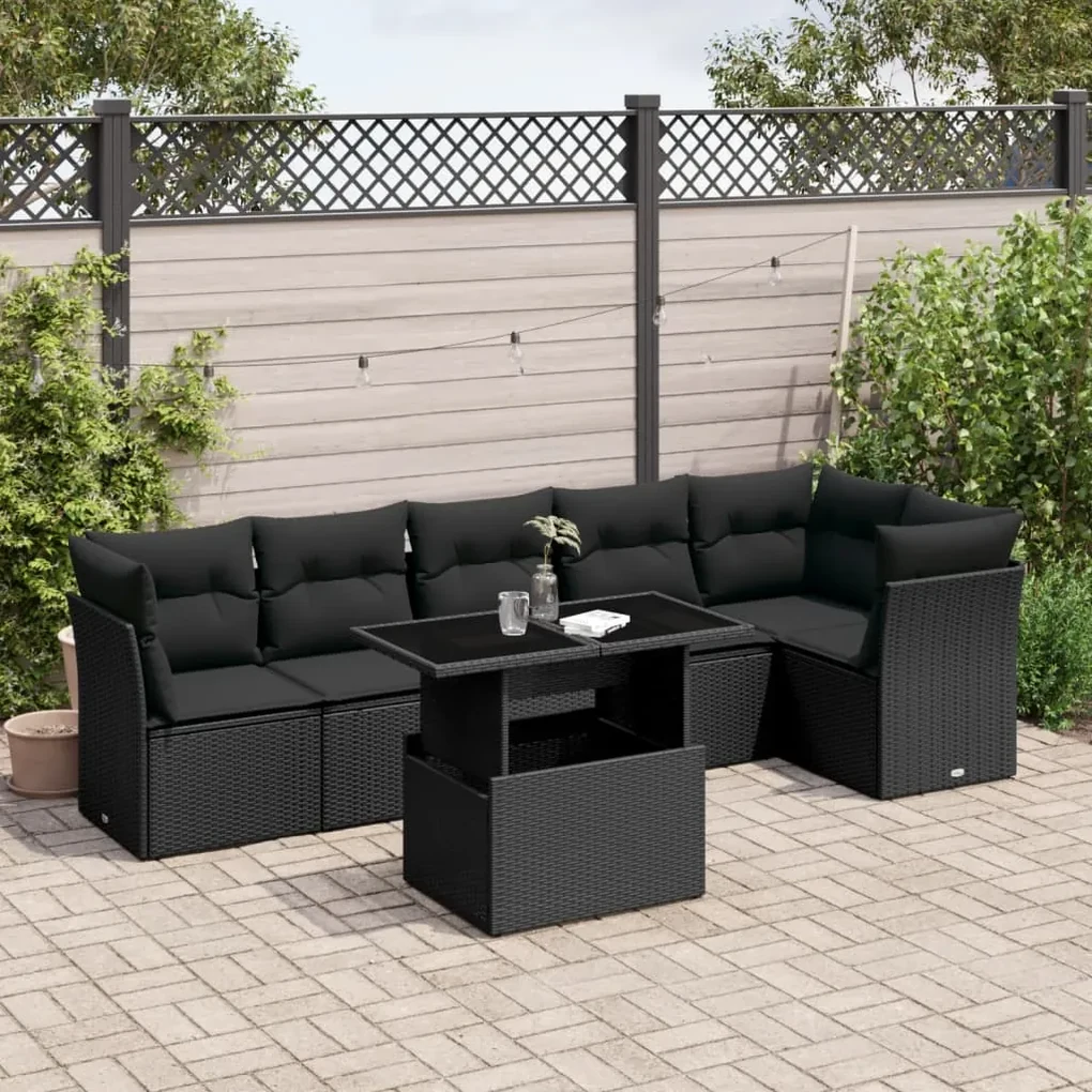 Set divani da giardino con cuscini 7pz nero polyrattan