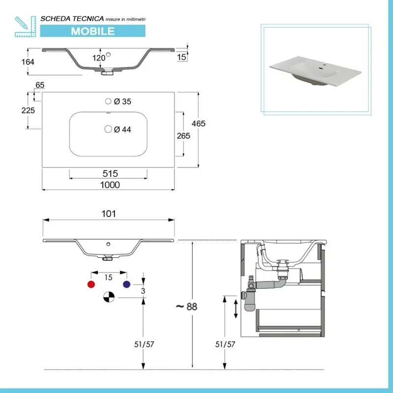 Lavabo da incasso 100x46 cm in ceramica bianco lucido