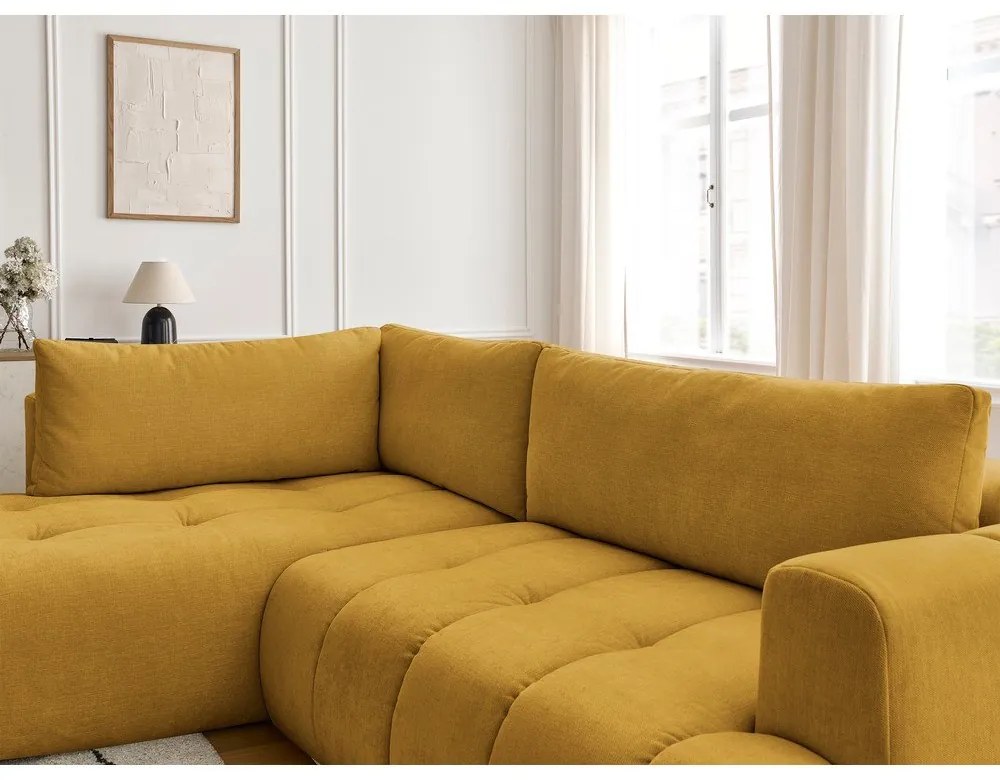 Divano angolare color senape allungabile e con contenitore (penisola a sinistra/a L) con rivestimento in ciniglia Fuji – Bobochic Paris