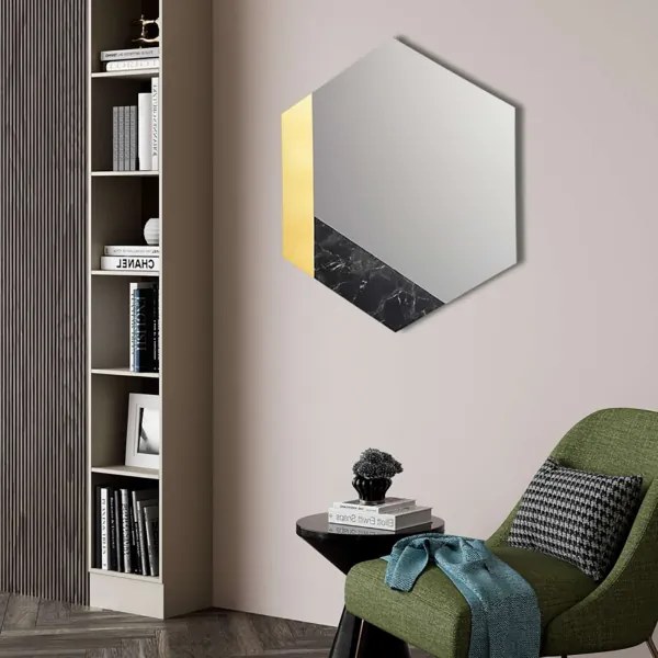 Specchio 70x80 cm decori foglia oro e marmo laminato nero - CHARLIE