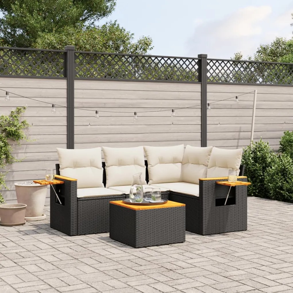 Set divani da giardino 5 pz con cuscini in polyrattan nero