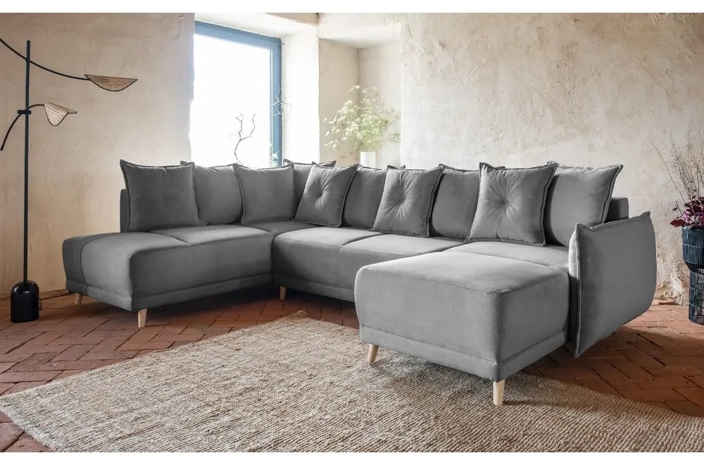 Divano letto angolare in velluto a coste grigio (angolo sinistro/"U") Lazy Lukka - Miuform