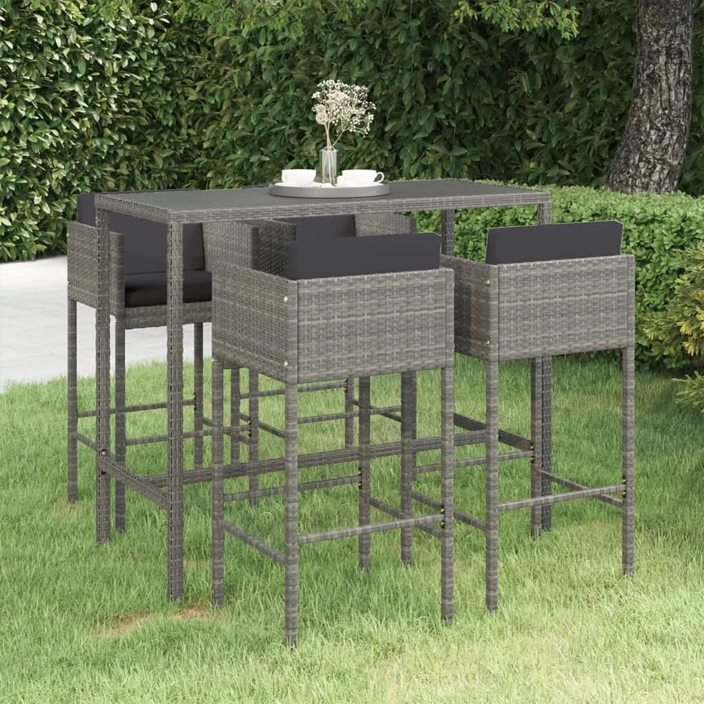 Set da Bar da Giardino 5 pz con Cuscini in Polyrattan Grigio