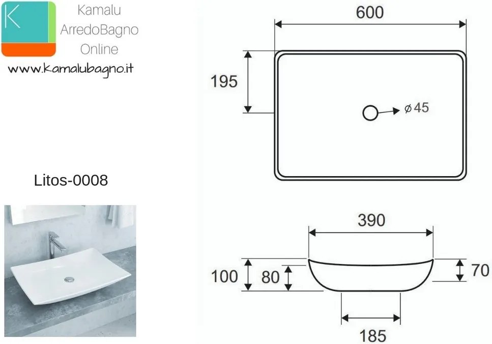 Lavabo appoggio rettangolare 60cm Ceramica Litos-0008 - KAMALU