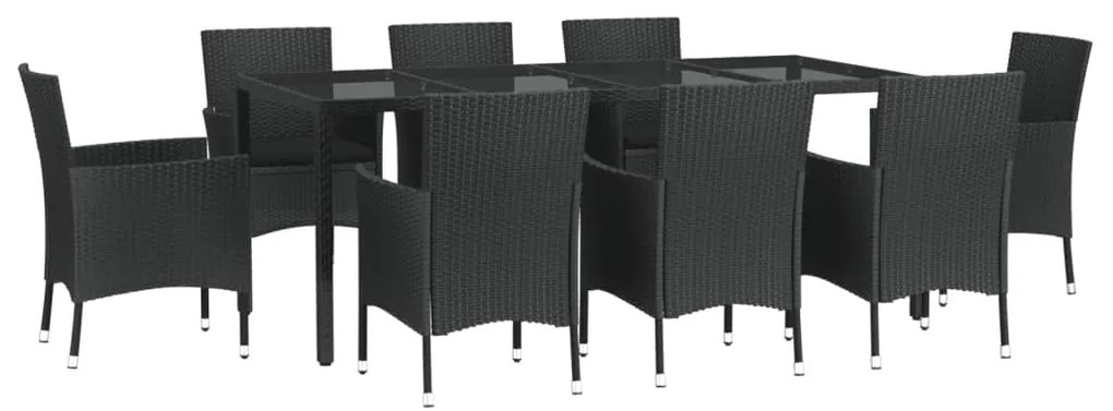 Set da pranzo da giardino 9 pz con cuscini nero in polyrattan