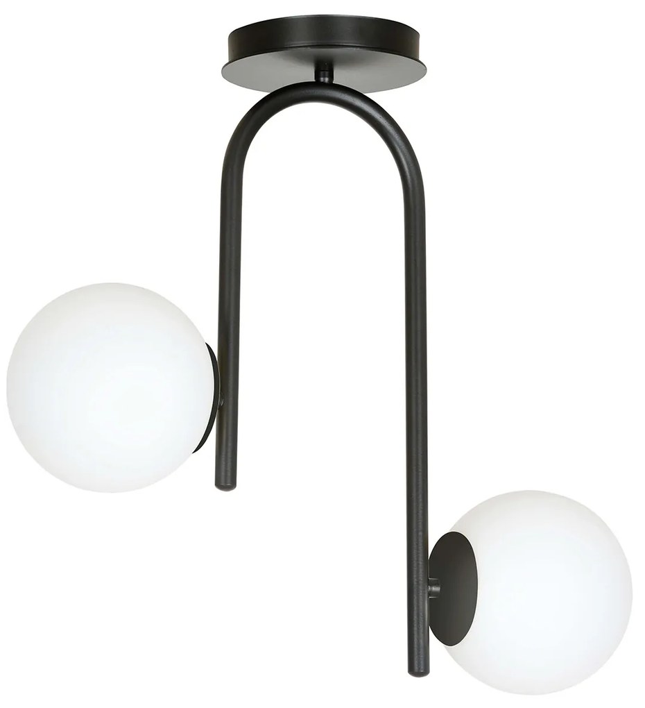 Lampadario 2 Luci Rama In Acciaio Nero A Bracci E Sfere In Vetro Opalino