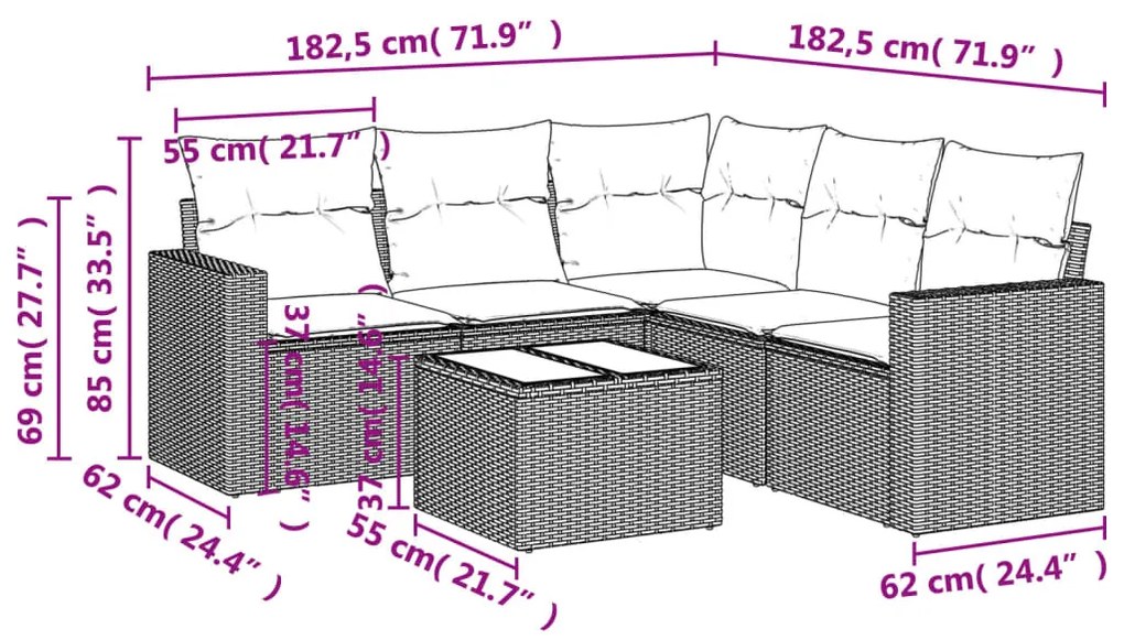 Set divano da giardino 6 pz con cuscini nero in polyrattan