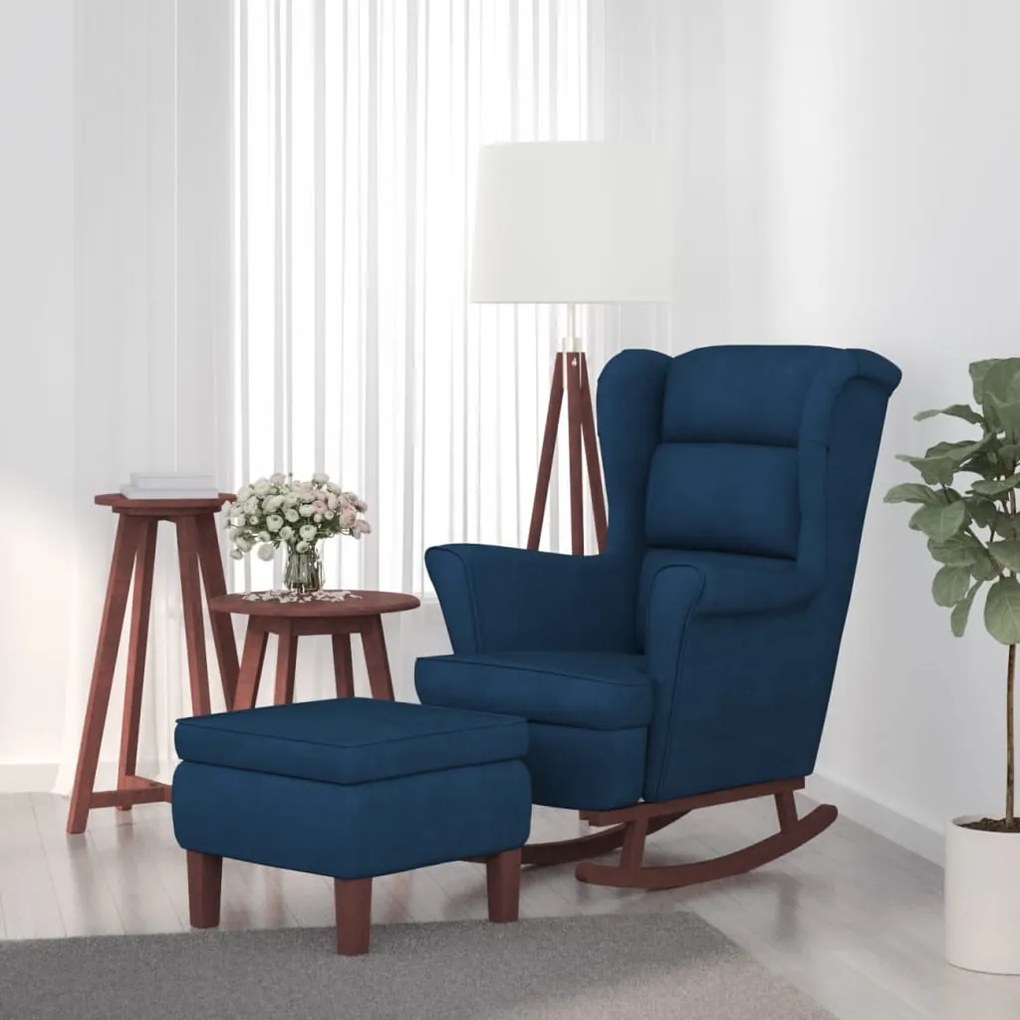 Poltrona A Dondolo Con Gambe İn Legno E Poggiapiedi Blu Velluto /