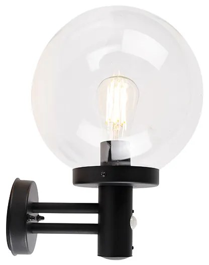 Lampada da parete per esterni nera con vetro trasparente incl. sensore di movimento - Sfera