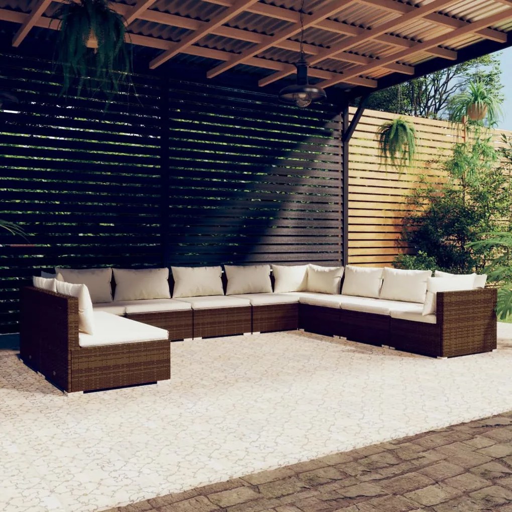 Set divani da giardino 10 pz con cuscini in polyrattan marrone