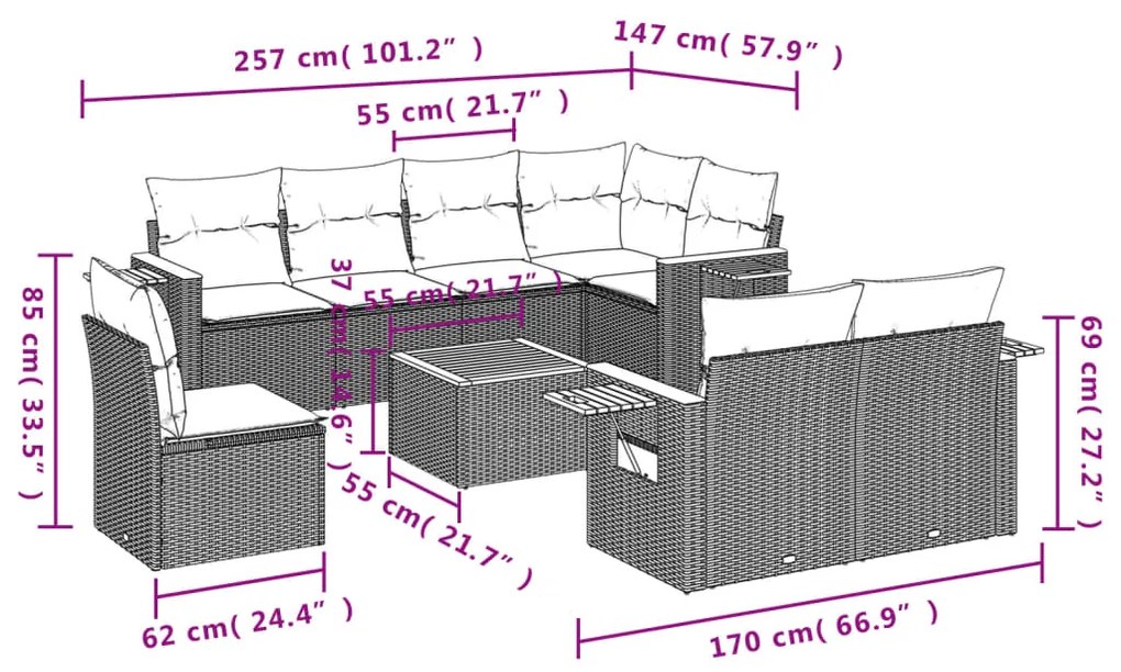 Set divano da giardino 9 pz con cuscini beige in polyrattan