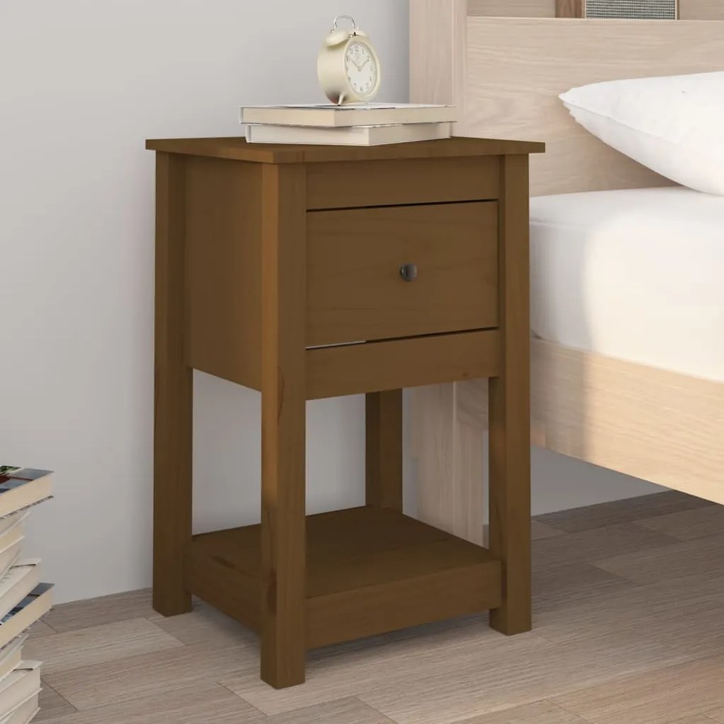 Comodino Marrone Ambra 40x35x61,5 Cm İn Legno Massello Di Pino /