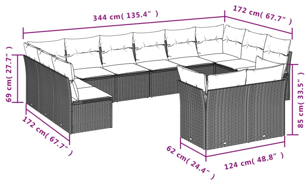 Set divani da giardino 12 pz con cuscini marrone in polyrattan