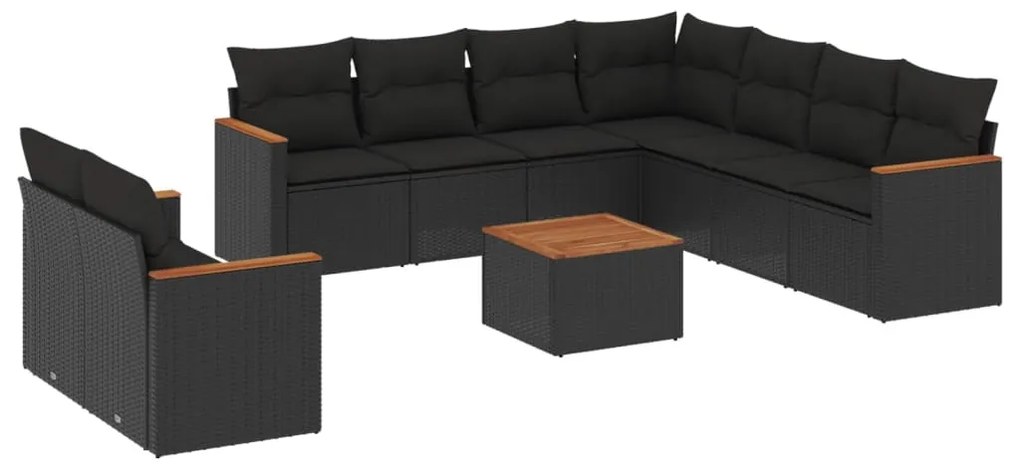 Set divani da giardino 10pz con cuscini in polyrattan nero