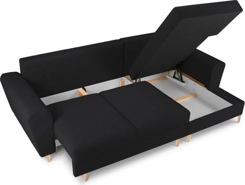Divano angolare nero allungabile e con contenitore (con penisola a destra/con chaise lounge) con rivestimento in bouclé Kyoto – Cosmopolitan Design