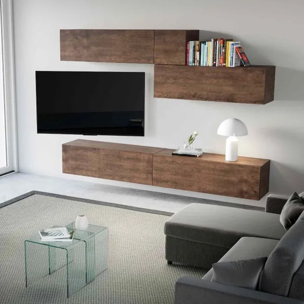 Parete soggiorno sospesa Isoka A03 L.268 P.39,5 Noce