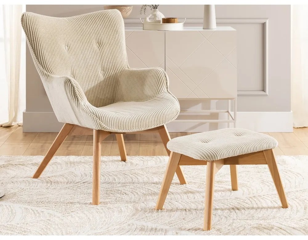 Poltrona con poggiapiedi beige con rivestimento in velluto a coste Niko – Ropez