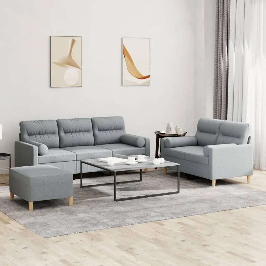 Set Divani 3 Pz Con Cuscini Grigio Chiaro İn Tessuto /