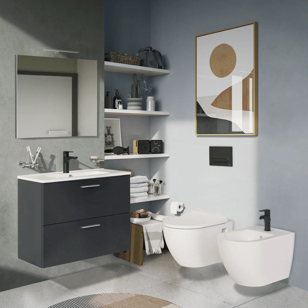 Mobile Bagno Sospeso 80 Cm Due Cassetti Specchio Con Lampada Led 78,5x62 Cm Vitra "Mia" Antracite