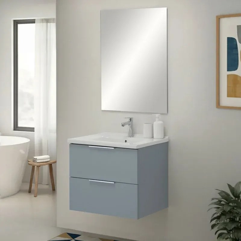 Mobile bagno sospeso 60cm azzurro polvere con cassetti lavabo e specchio Elva