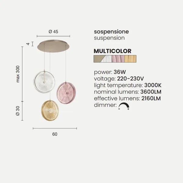 Lampada a sospensione 60 cm JOKEY 3 Luci in metallo e vetro decorato MULTICOLOR