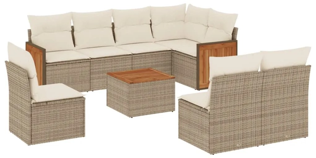 Set Divano da Giardino 9 pz con Cuscini Beige in Polyrattan