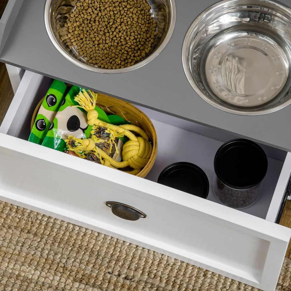 Ciotole per Cani Rialzate 60x30x36 cm con Cassetto in Acciaio Inox e Legno Bianco e Grigio...