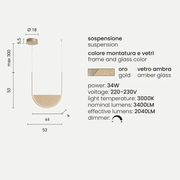 Lampada a sospensione LED LOTUS 53 cm con inserto amovibile in vetro granigliato ORO