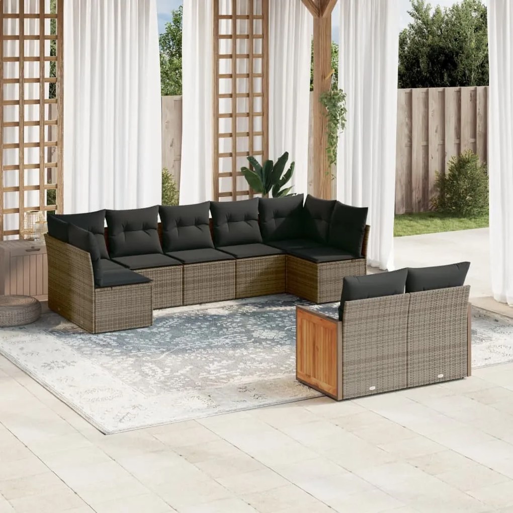 Set divano da giardino 9 pz con cuscini grigio in polyrattan