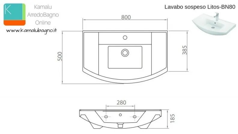 Kamalu - mobile bagno 80 cm sospeso con cassetto scorrevole bn-80b