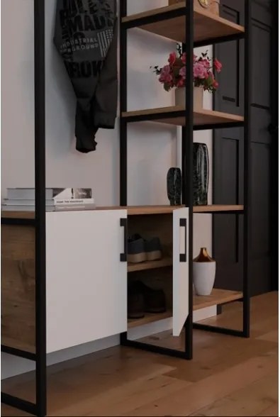 Mobile Ingresso Industrial 120x34x180 Con Scarpiera Appendiabiti E Ripiani Yago Bianco E Rovere