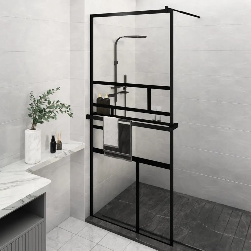 Parete Doccia Con Mensola Nera 100x195 Cm Vetro Esg E Alluminio /