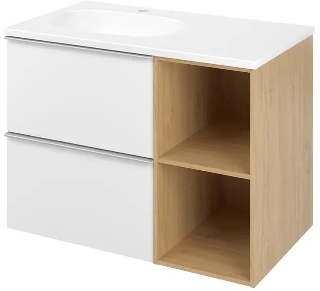 Mobile bagno sospeso con lavabo e organizer per cosmetici, top incluso L 80 x H 55 x P 45 cm bianco e miele in truciolare 2 cassetti per vasca a sinistra Modern