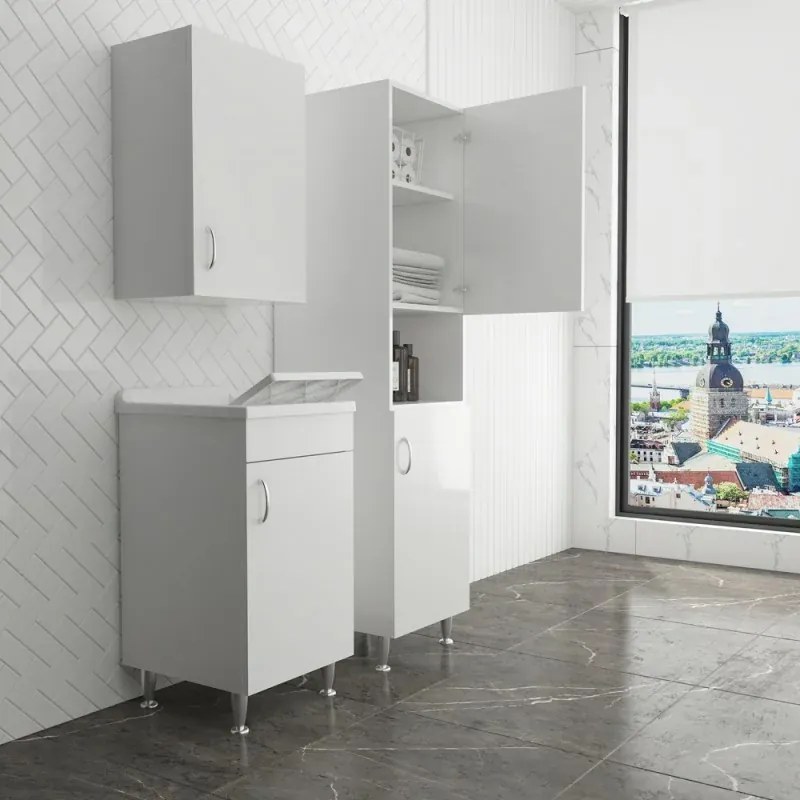 Set da 45 cm con lavatoio colonna e pensile in legno nobilitato bianco Fedra