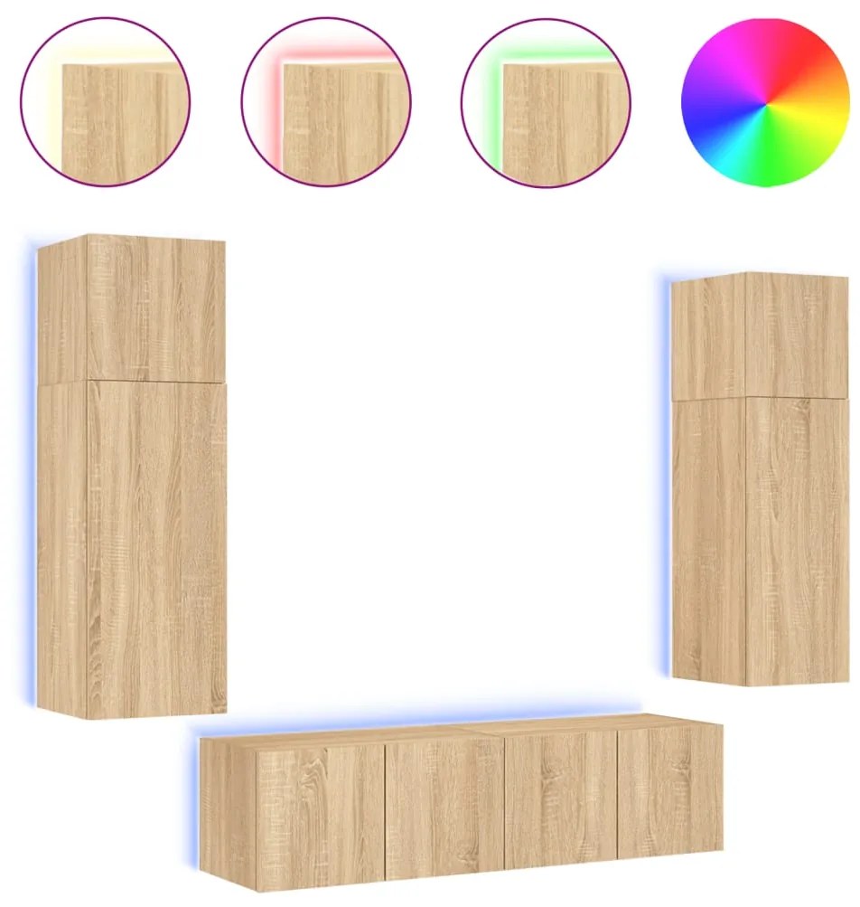 Mobili tv a muro con led 6pz rovere sonoma legno multistrato