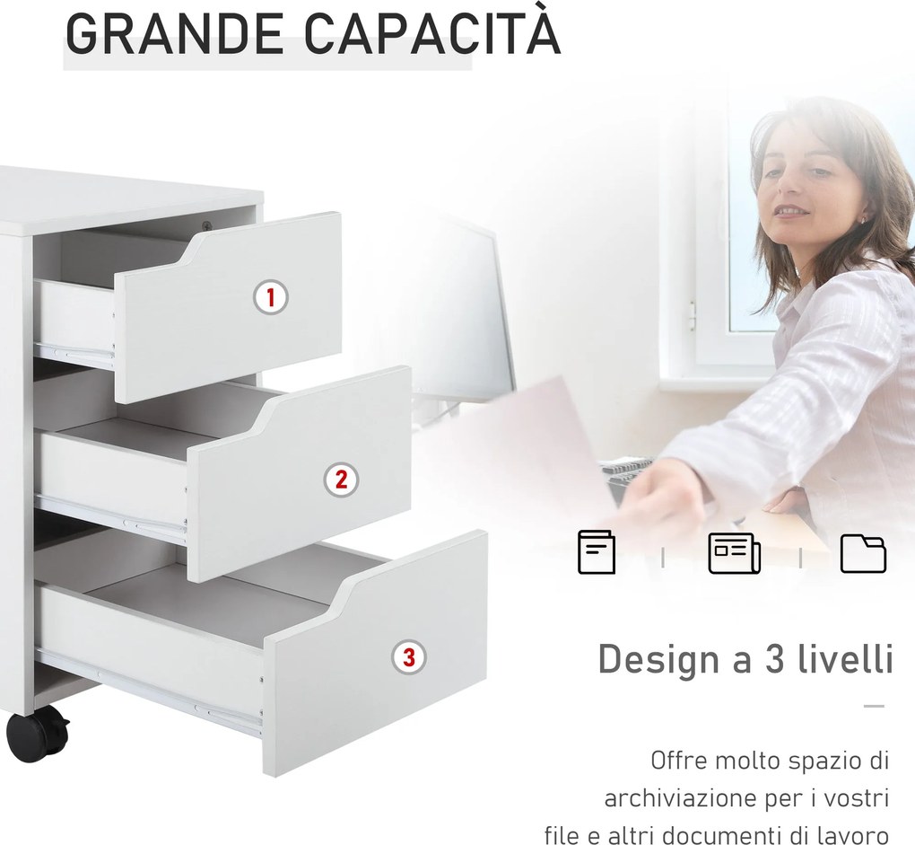 Cassettiera da Ufficio 3 Cassetti Maniglie a Scomparsa 40x50x57,5 cm Bianca...